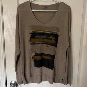 Angela Mara Taupe V-Neck Sweater with Abstract Brushstroke Print